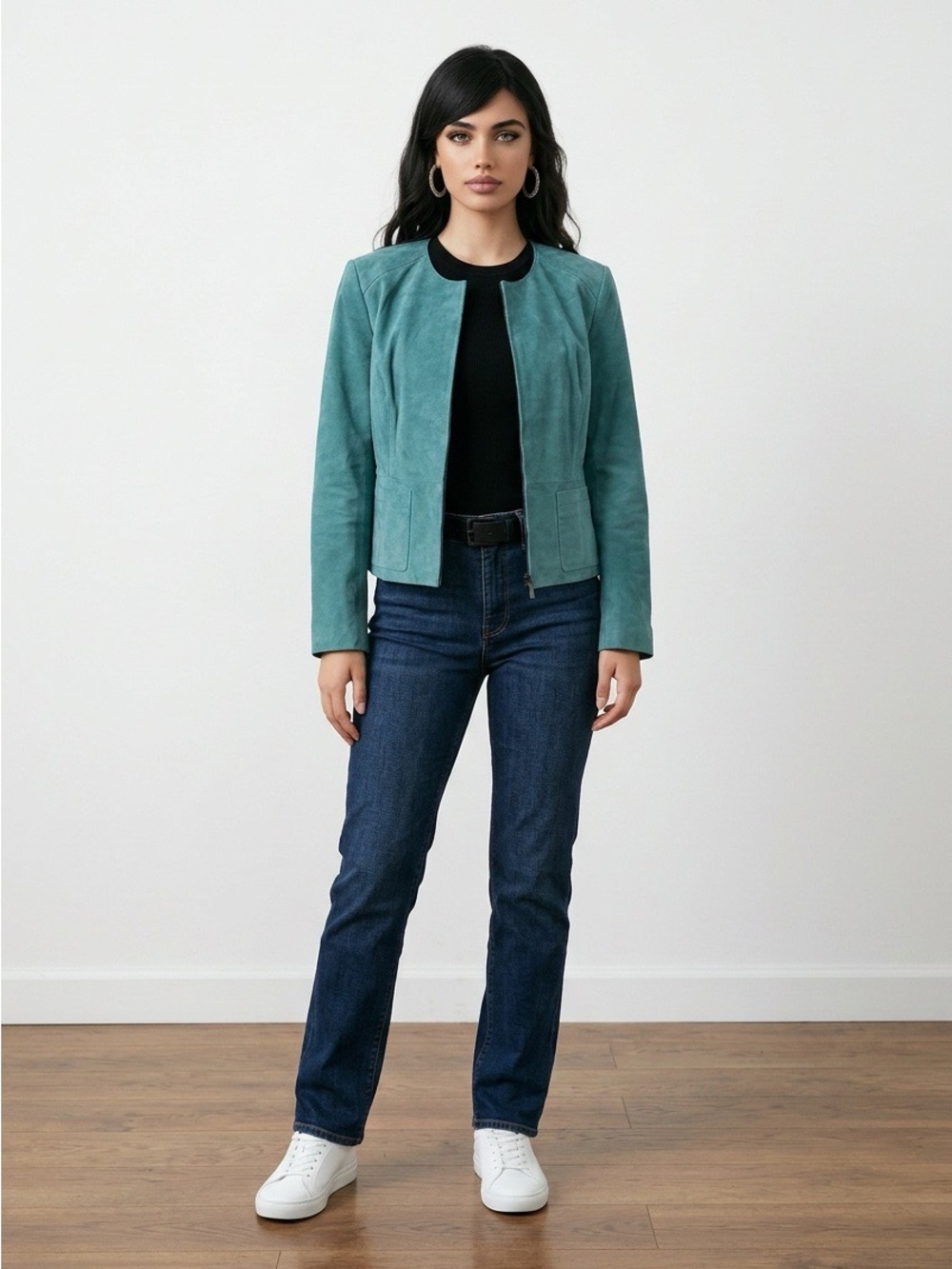 Vintage 90s Monterey Bay Suede Jacket Size 10 Petite Turquoise
